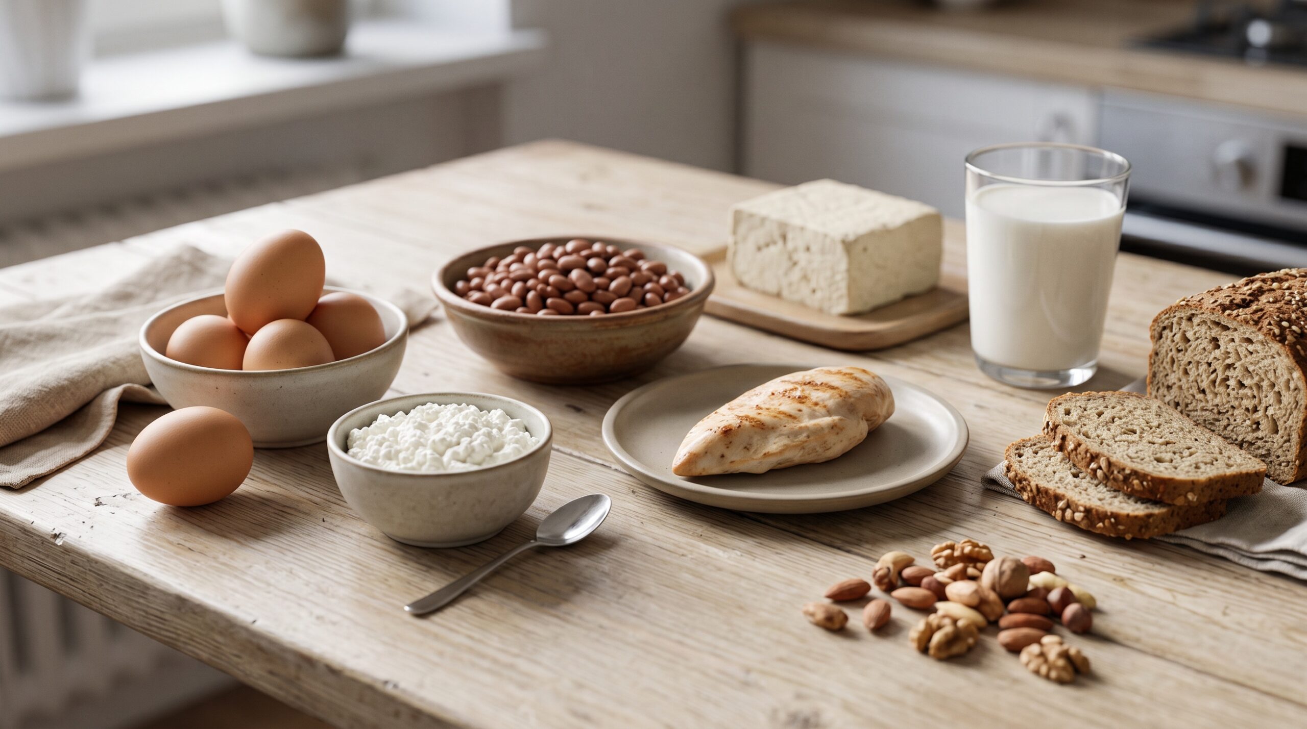 Eieren, kwark, kipfilet, bruine bonen, tofu, een glas melk, volkorenbrood en noten op een houten keukentafel