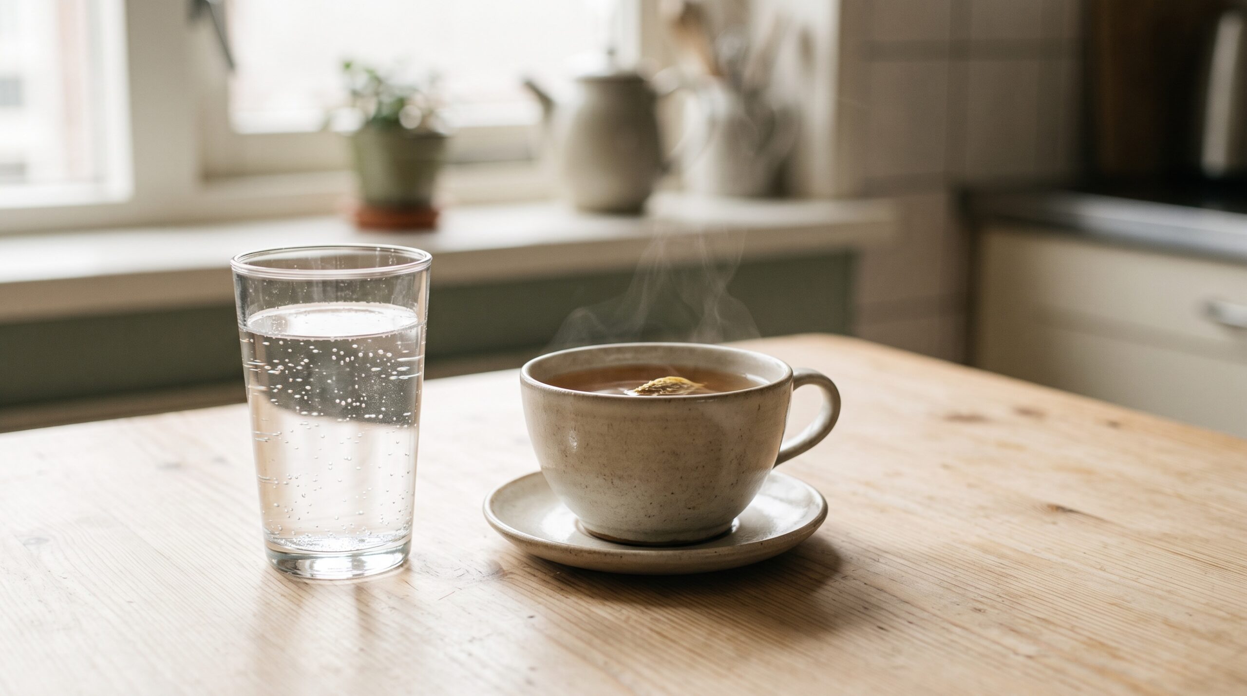 Een glas water en een kop kruidenthee op een houten keukentafel