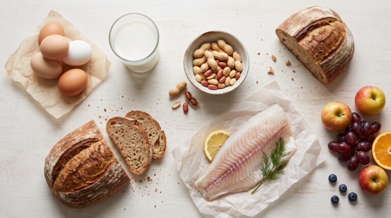 Eieren, melk, pinda's, brood, vis en fruit op een lichte tafel
