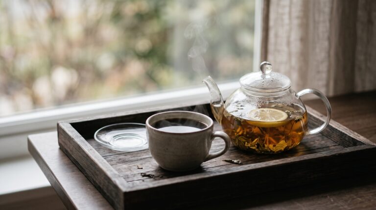 Een kop koffie en een glazen theepot met kruidenthee op een houten dienblad