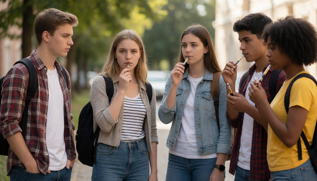 Group of teenagers at school, one hesitating while others vape together, 
showing social pressure and isolation. Realistic candid photography style, 
natural lighting, diverse group, emotional tension. Focus on the one feeling left out/pressured.