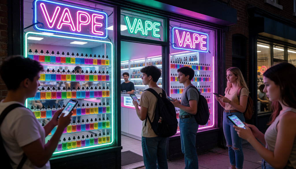Vibrant vape shop storefront at night with neon signs, colorful liquid bottles, 
teenagers looking in window, social media influencers promoting on phones floating around. 
Urban street photography style, showing glamorization and appeal to young people. 
Slightly exaggerated colors to show over-the-top marketing.