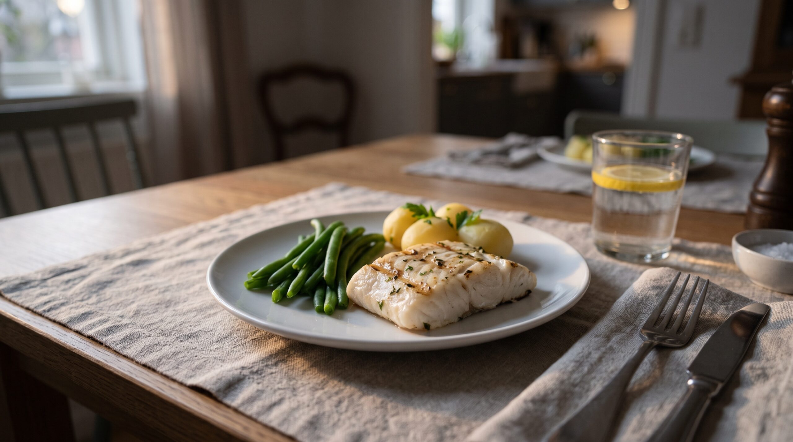 Een lichte maaltijd van gegrilde vis, sperziebonen en aardappelen op een gedekte tafel