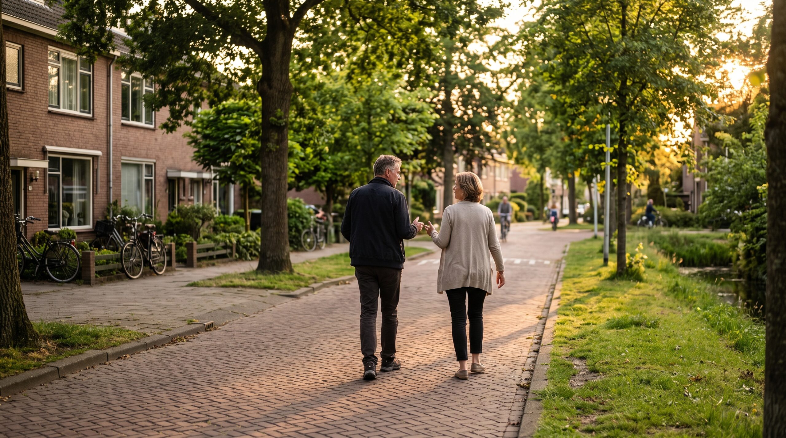 Een stel maakt een rustige avondwandeling door een Nederlandse straat