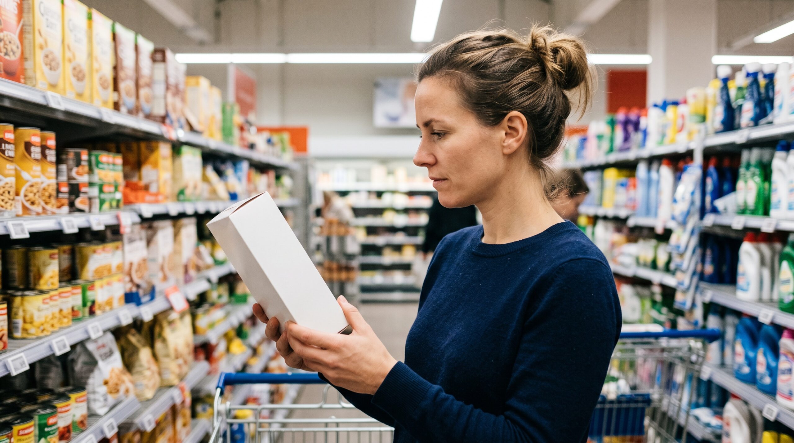 Een vrouw bekijkt in de supermarkt aandachtig een verpakking