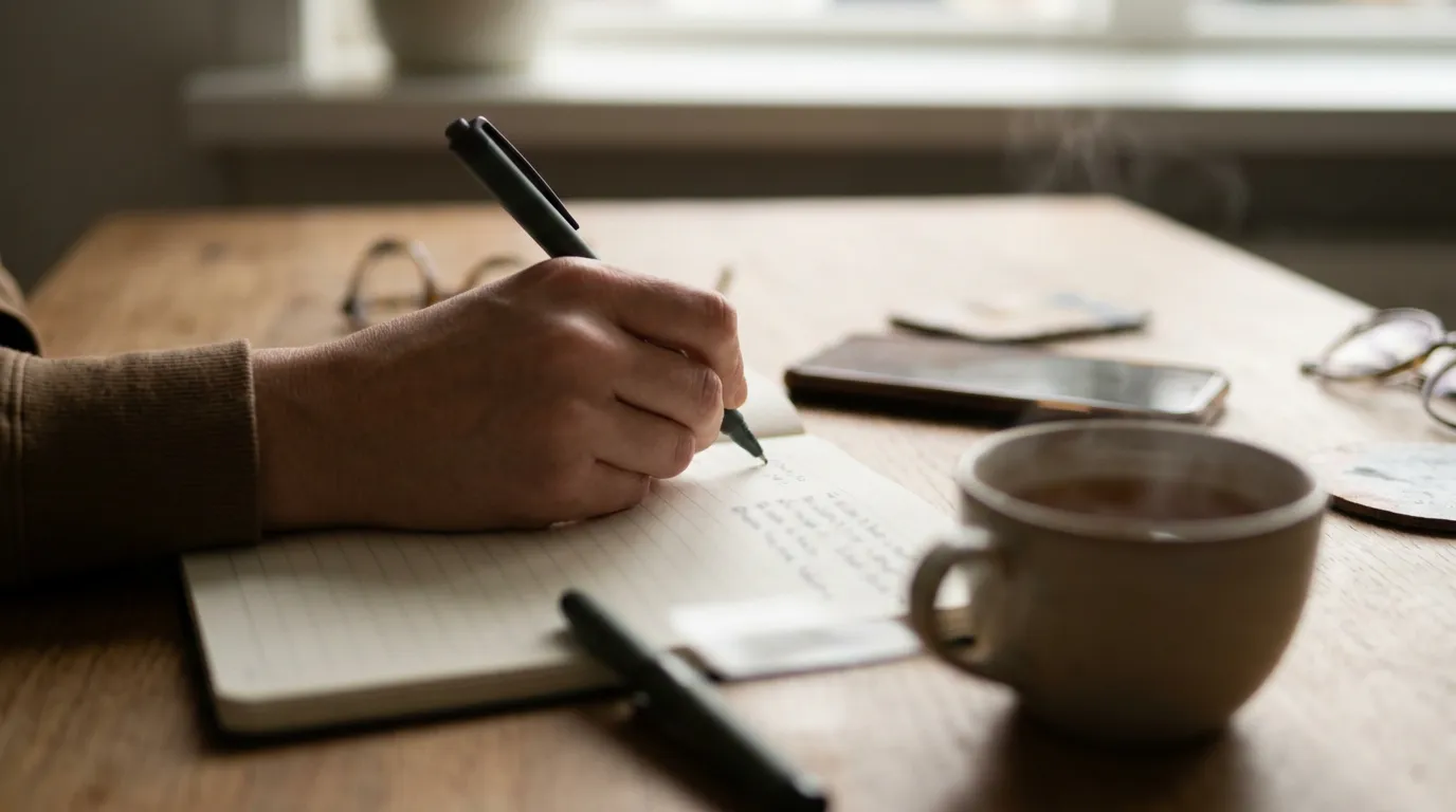 Hand schrijft een weekplanning in een notitieboek naast een kop thee
