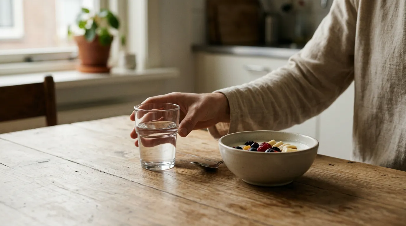 Glas water naast een kom yoghurt met fruit op de keukentafel