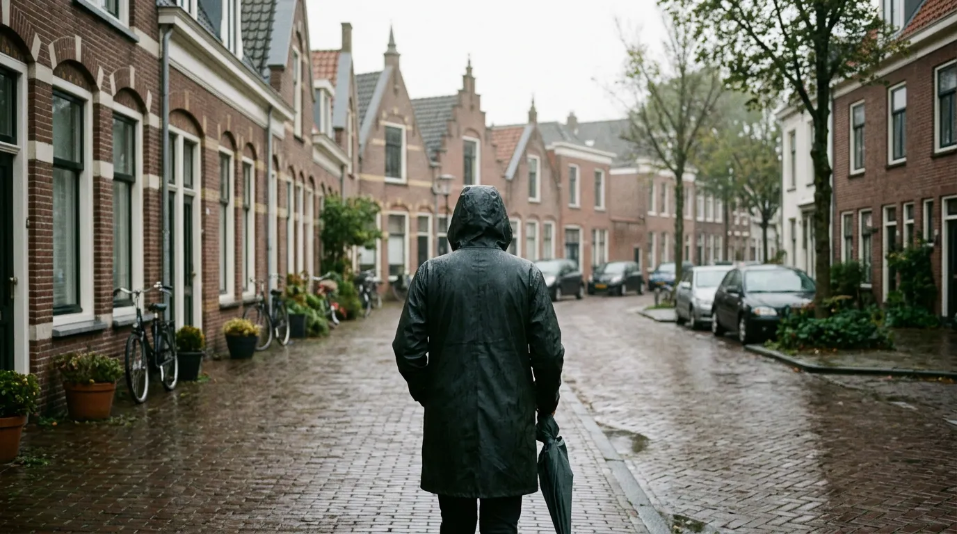 Wandelaar in regenjas loopt een blokje om op een regenachtige dag