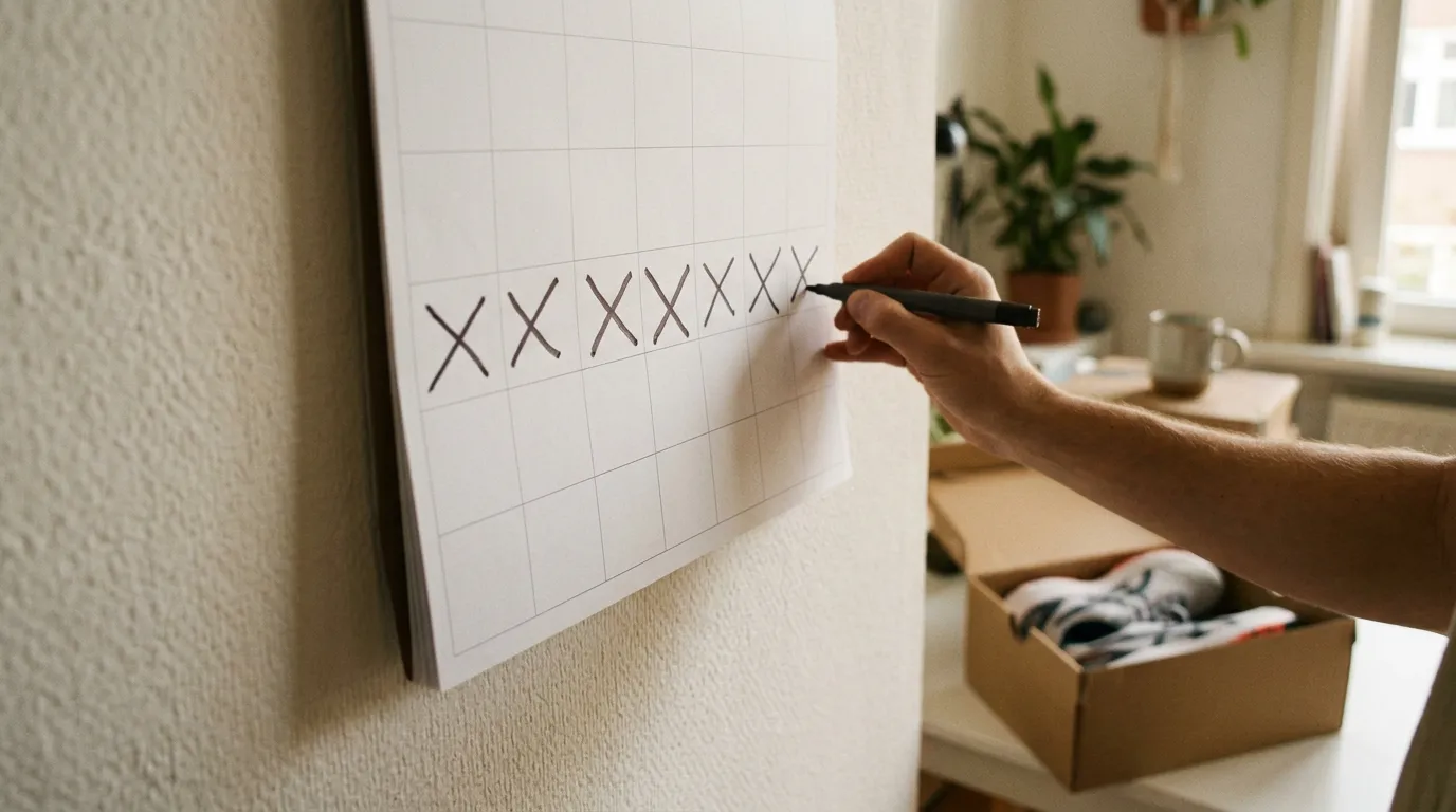 Hand zet een kruisje op een wandkalender met een rij kruisjes